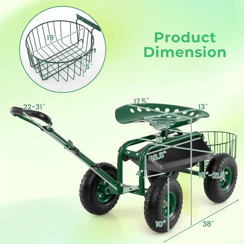 Gerobak Kebun dengan Ketinggian yang Dapat Disesuaikan dan Putaran 360 Derajat °   Kursi Putar, Keranjang Penyimpanan, dan Pegangan yang Dapat Diperpanjang untuk Berkebun yang Serbaguna