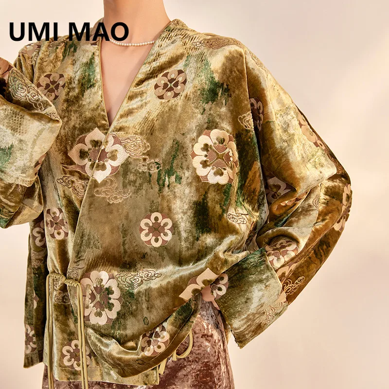 UMI MAO New Chinese Style Autumn Jacket Silk Velvet Handmade Embroidery Jacquard Top Lace-Up V-Neck Loose Coat For Women