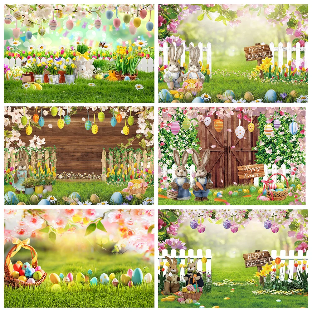 

Happy Easter Photography Background Spring Green Grass Rabbit Bunny Eggs Wooden Board Baby Portrait Photo Shoot Prop Party Decor