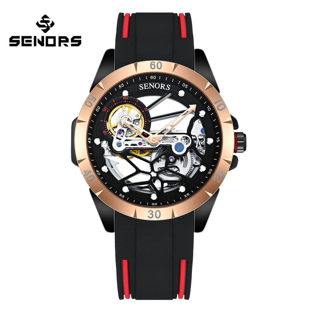 SENORS SN327 Men`s Watch Automatic Mechanical Watches Men Skeleton Tourbillon Sapphire Glass Clock Full Hollow Series Wristwatch