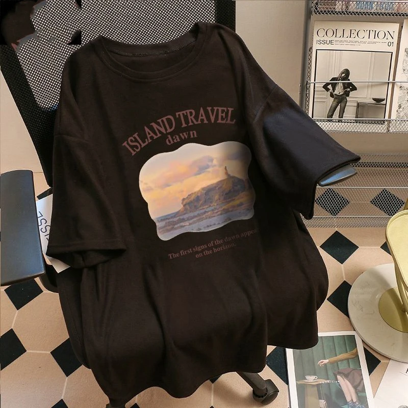 2024 New Summer American Lazy Style Fashion Trend Round Neck Personalized Print Loose Casual Versatile Shoulder T-shirt