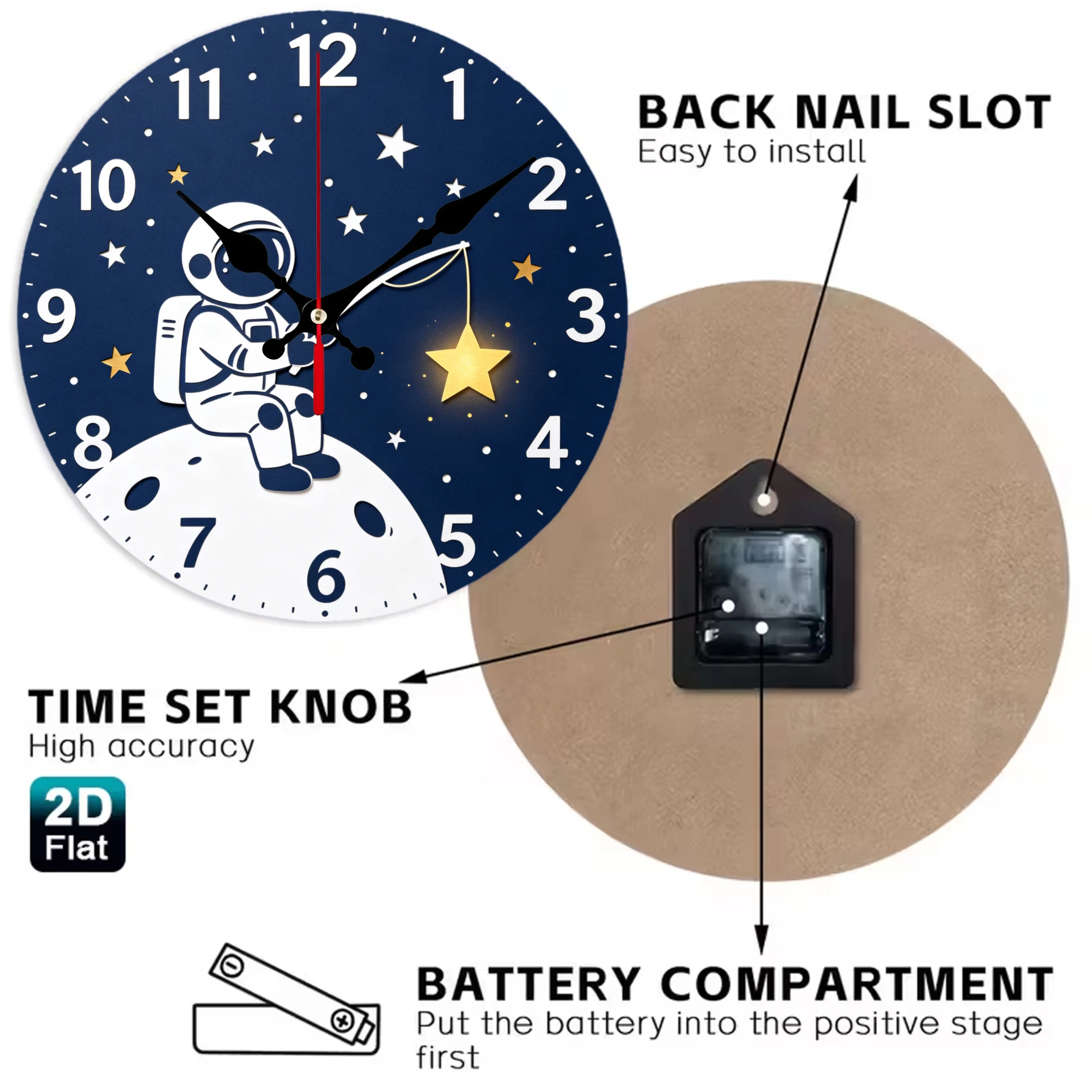 Cartoon Astronaut Fishing Star Wooden Wall Clock, 10/12 Inch Round Wood Clock, Silent Non Ticking Quartz Movement, Nursery Spaceman Night Sky Printed Home Decor