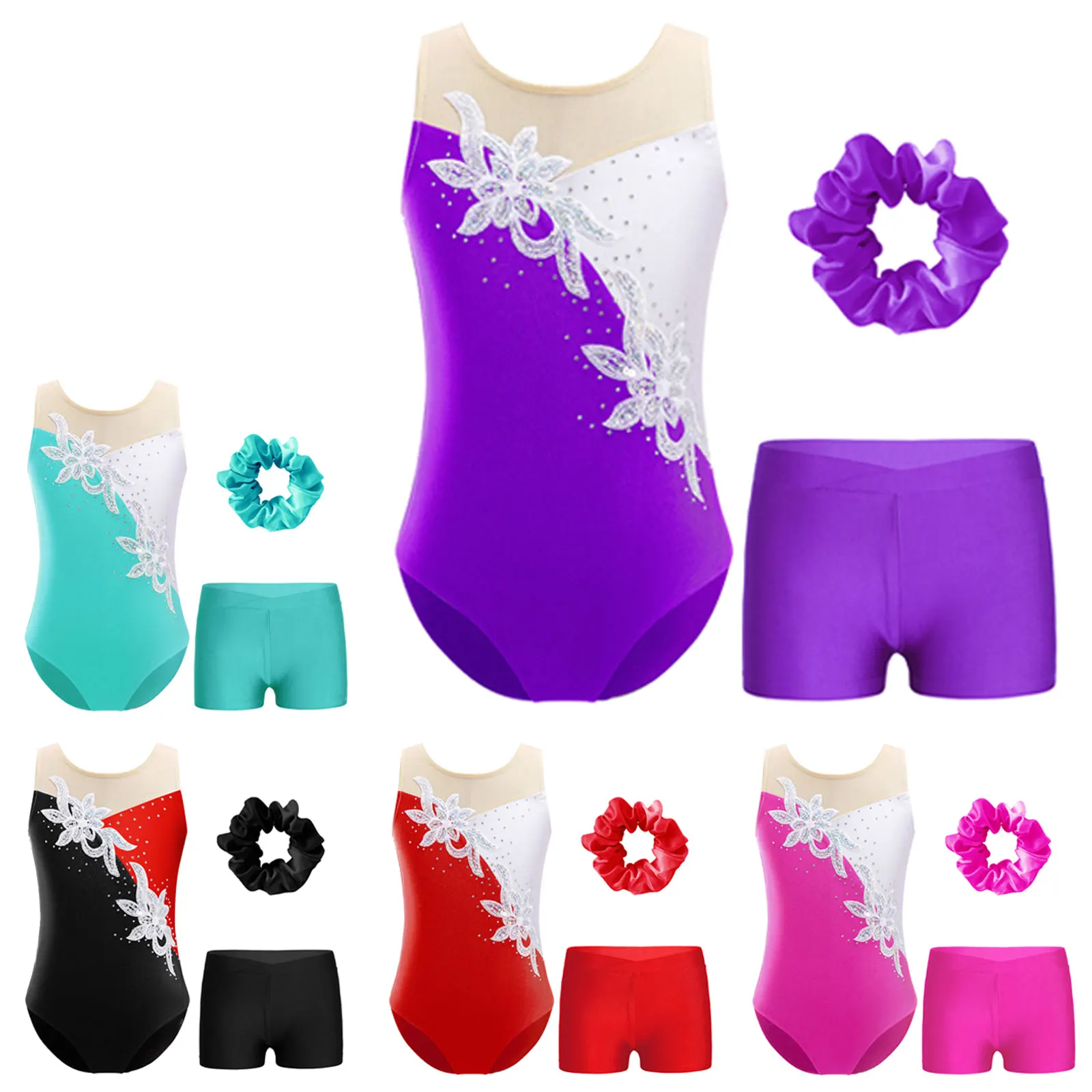 

Kids Girls Sleeveless Rhinestones Patchwork Leotard Set with V-front Waistband Shorts Hair Band for Dance Gymnastic Skating