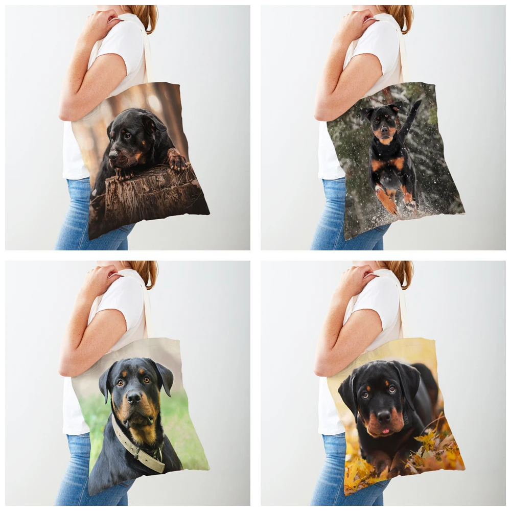 Brave Rottweiler พิมพ์กระเป๋านักช้อปสุนัขสัตว์น่ารัก Lady Canvas Tote กระเป๋าถือนํากลับมาใช้ใหม่ทั้งสองด้าน Casual Shopping Bag สําหรับผู้หญิง