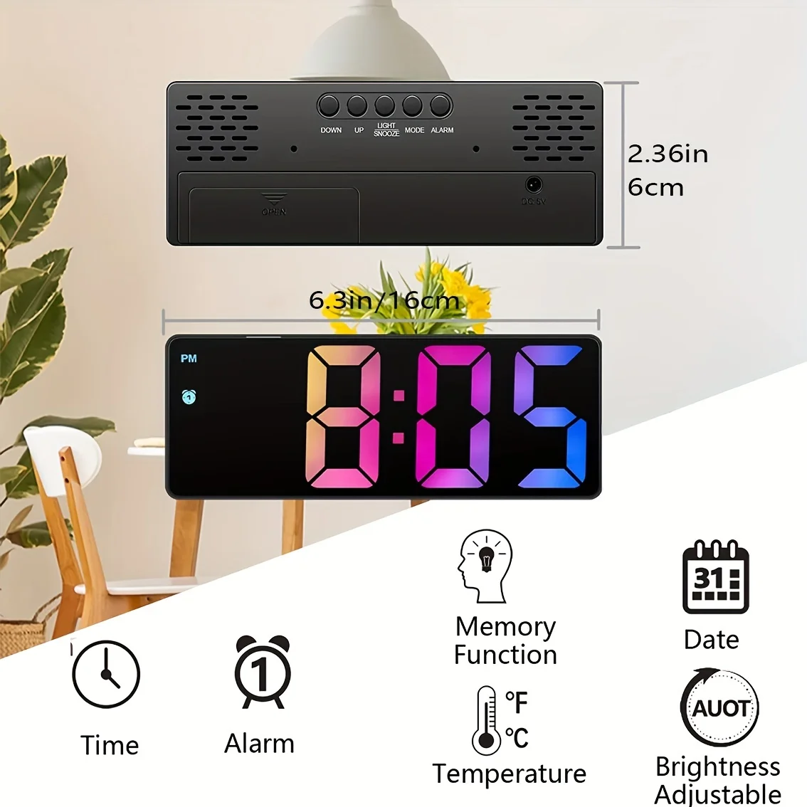 LED Digital Electronic Clock Bedside Alarm Clock 3-level Adjustable Brightness With Temperature Display Mirror Alarm Clock