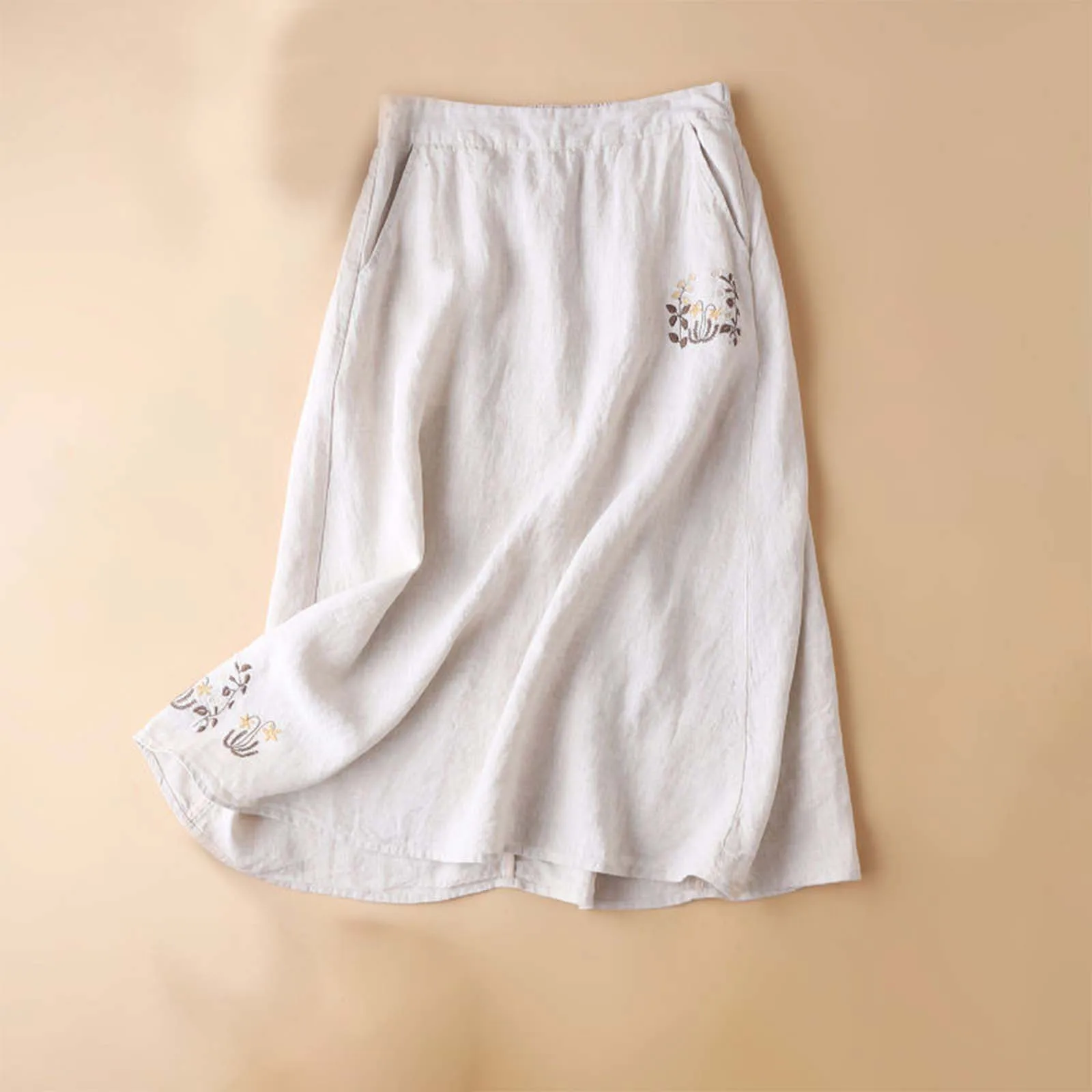 

Cotton Linen Floral Embroidered Elegant Skirt Elastic High Waist Pocket A Line Skirts Women Loose Fit Comfort Casual Skirt