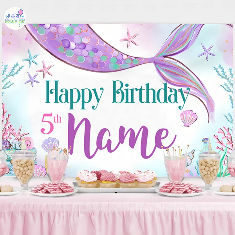 

Mermaid Birthday Backdrop Decorations Girl Birthday Background Party Kids Birthday Banner Custom Name Photography 10th 8th 7th