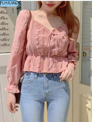 Cute Hot Korean Style Design Fashion Clothes 2022 Lace Flare Sleeve Japan Girls Pink Peplum Baby Shirt Crop Tops Short Blusas