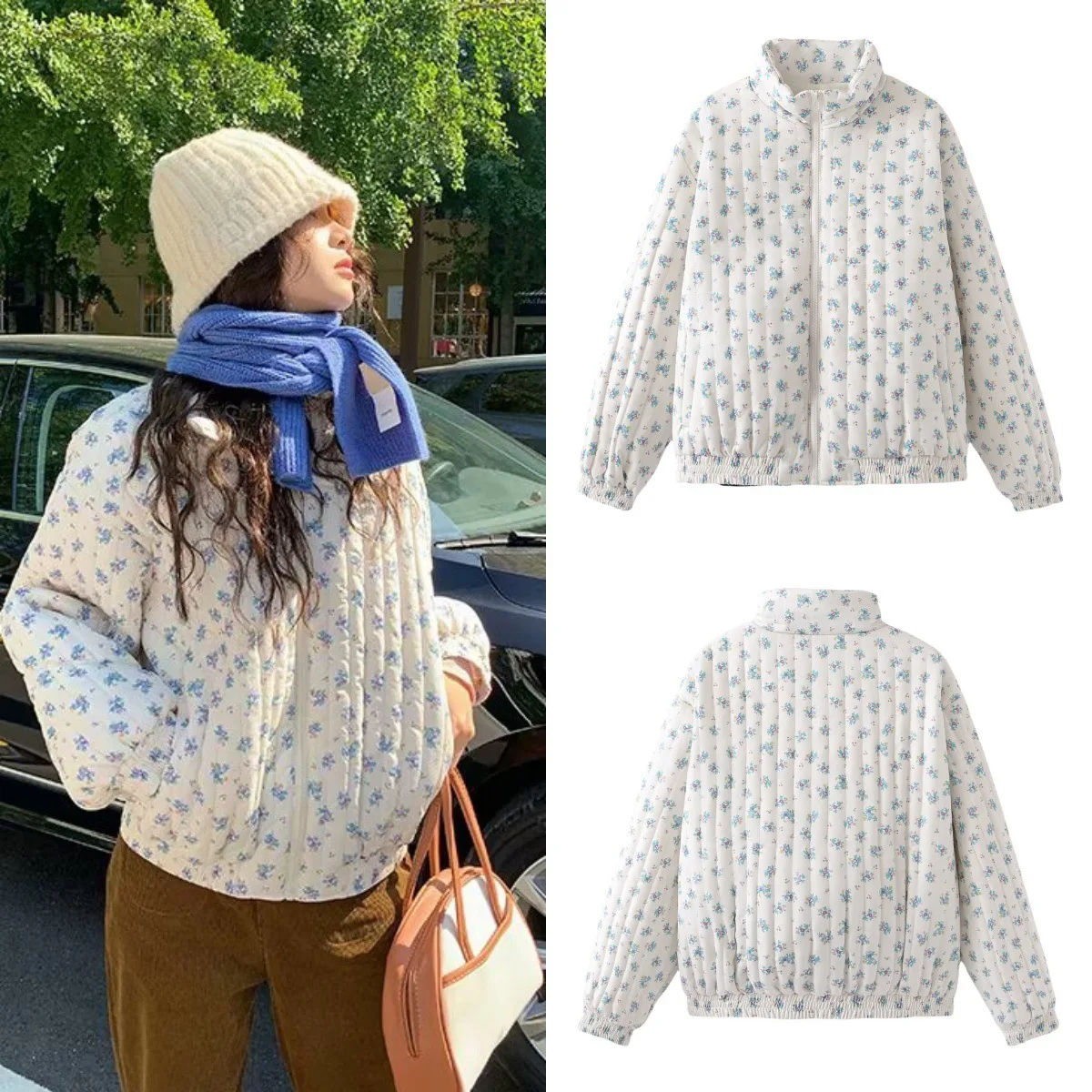 

Женская зимняя куртка 2025, новая модная парка на молнии с длинными рукавами и цветочным принтом, женские теплые пальто для отдыха