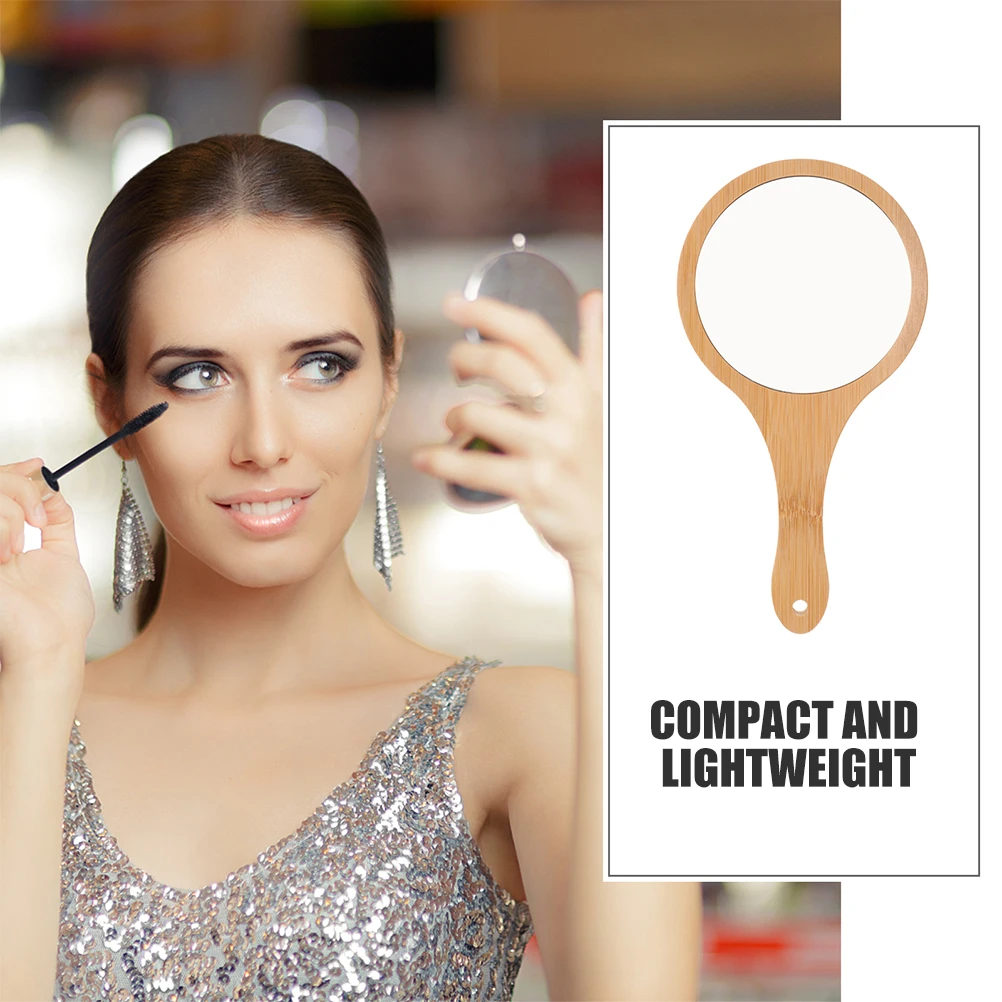 Kleiner Make-up-Spiegel mit Bambusgriff, hochauflösende Glasoberfläche, kompakt, handgehalten, für Frauen unterwegs, Touch-Ups, modisch