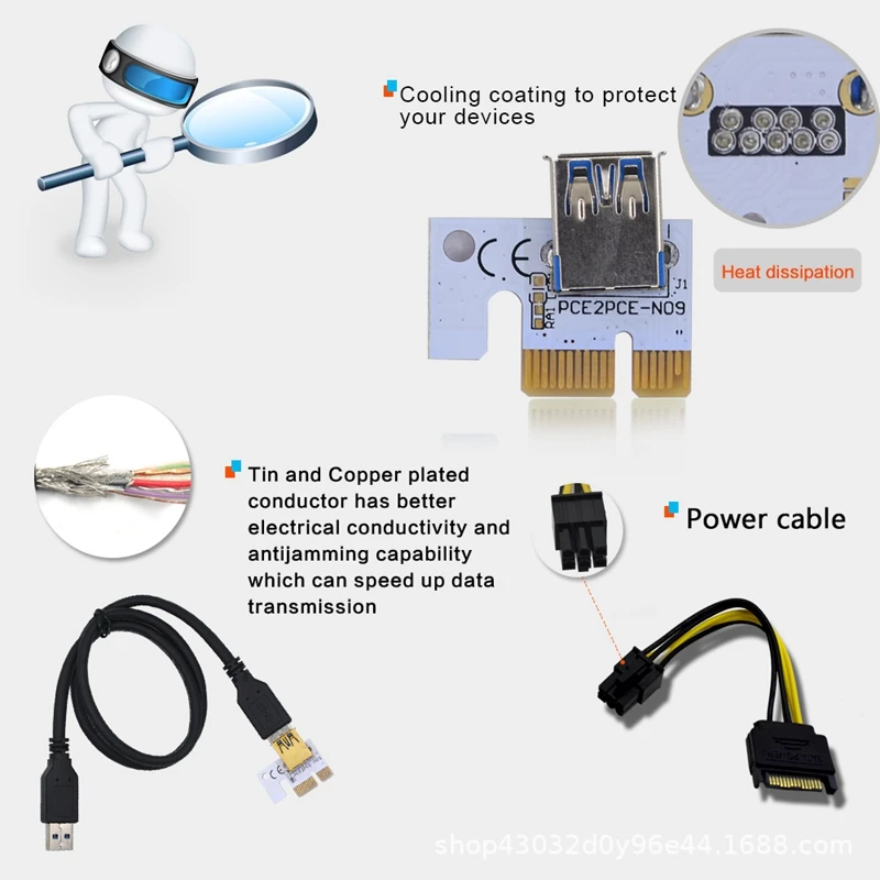 6PCS Molex PCIE Riser Card VER009S PCI-E 1X To 16X Extender PCI Express X16 Card USB Riser 009S For Bitcoin Miner Mining