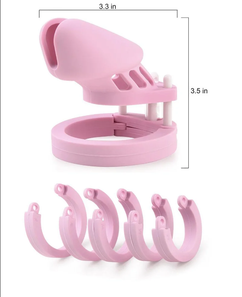 Pink Soft Silicone Male Chastity Cage Device Gimp Small/Large Lockable Ring Sex Toys with 5 Cock Ring Penis Sleeve for Men BDSM