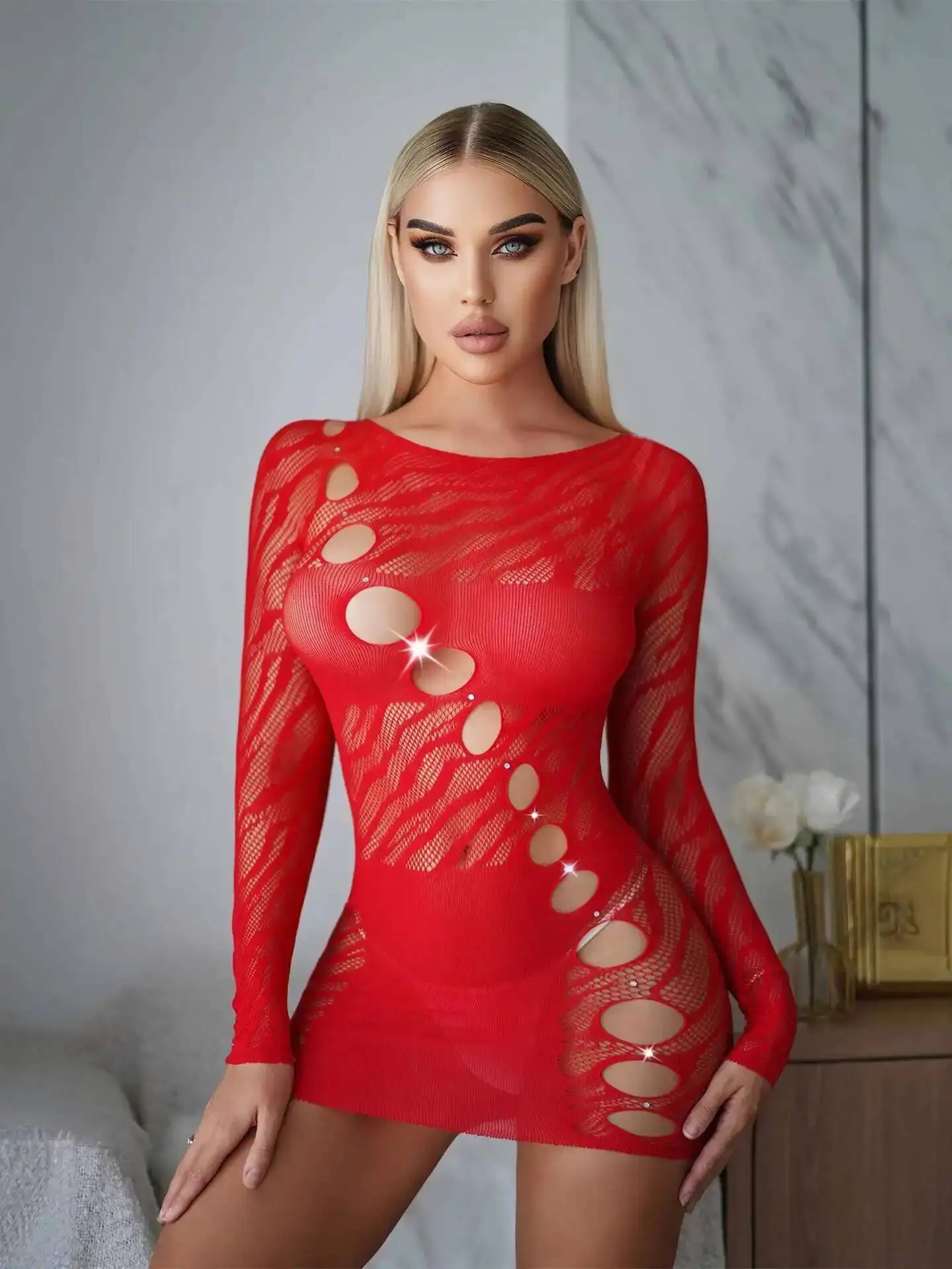 Vestido de manga larga con piedras brillantes y seducción a rayas, lencería erótica, vestido Sexy con puntos y diamantes envueltos en las nalgas G74M