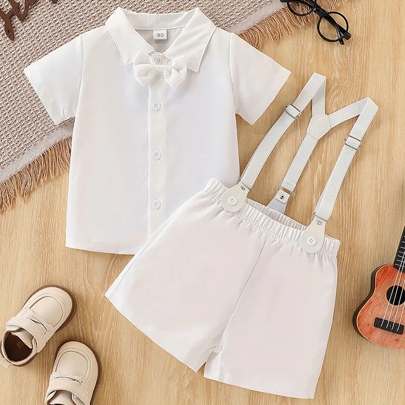 3Piece Summer Boys Outfit Set Korean Fashion Gentleman White Short Sleeve Tops+Shorts Luxury Baby Clothes Newborn Items B311