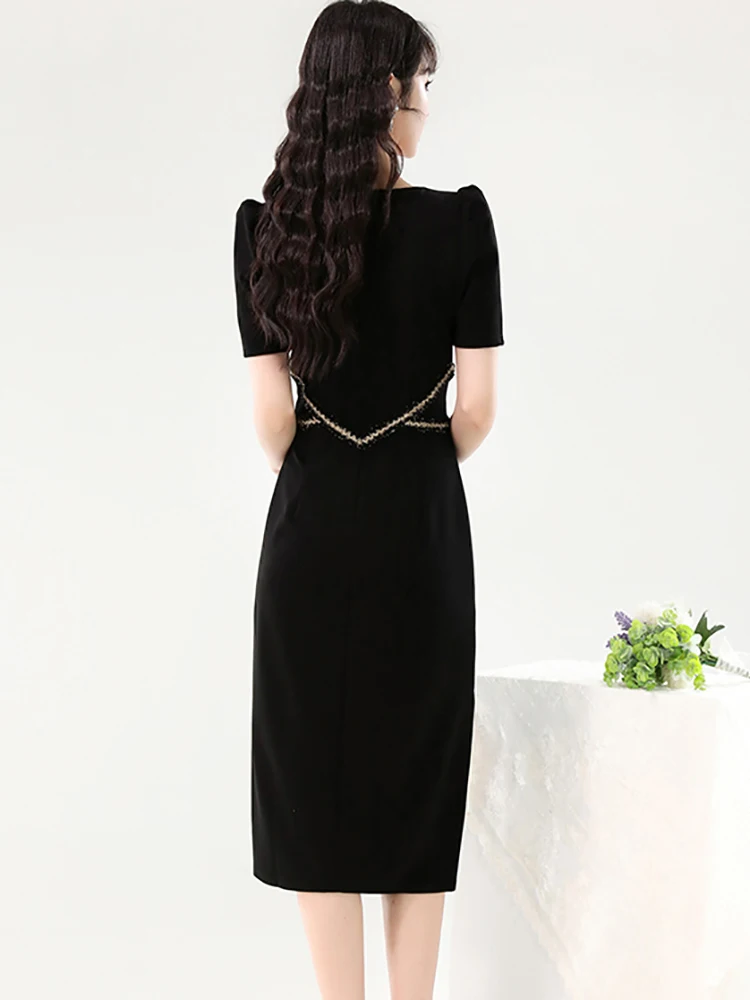 Summer Black Short Sleeve Bodycon Midi Dress Women Korean Vintage Hepburn Prom Clothes 2025 Elegant Patchwork Chic Casual Dress