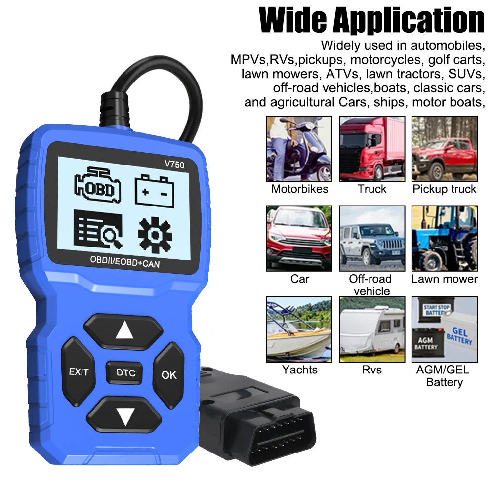 Check Engine System Read Vehicle Information Car Diagnostic Tool V750 OBD2 Scanner Code Reader Battery Tester Multi-language