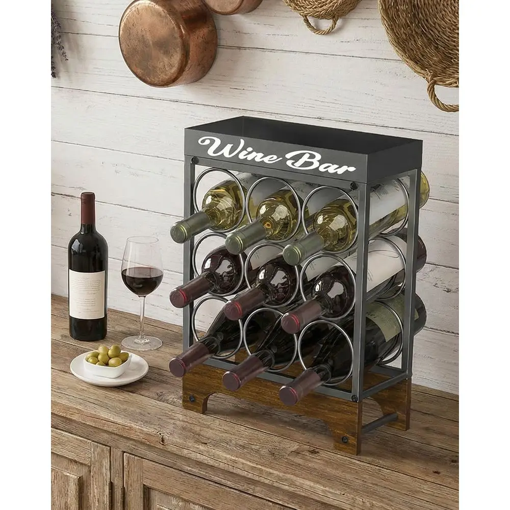 

Modern 3-Tier Black Metal & Wood Wine Rack for 9 Bottles, Freestanding Tabletop Stand with Top Tray for Home Kitchen Bar