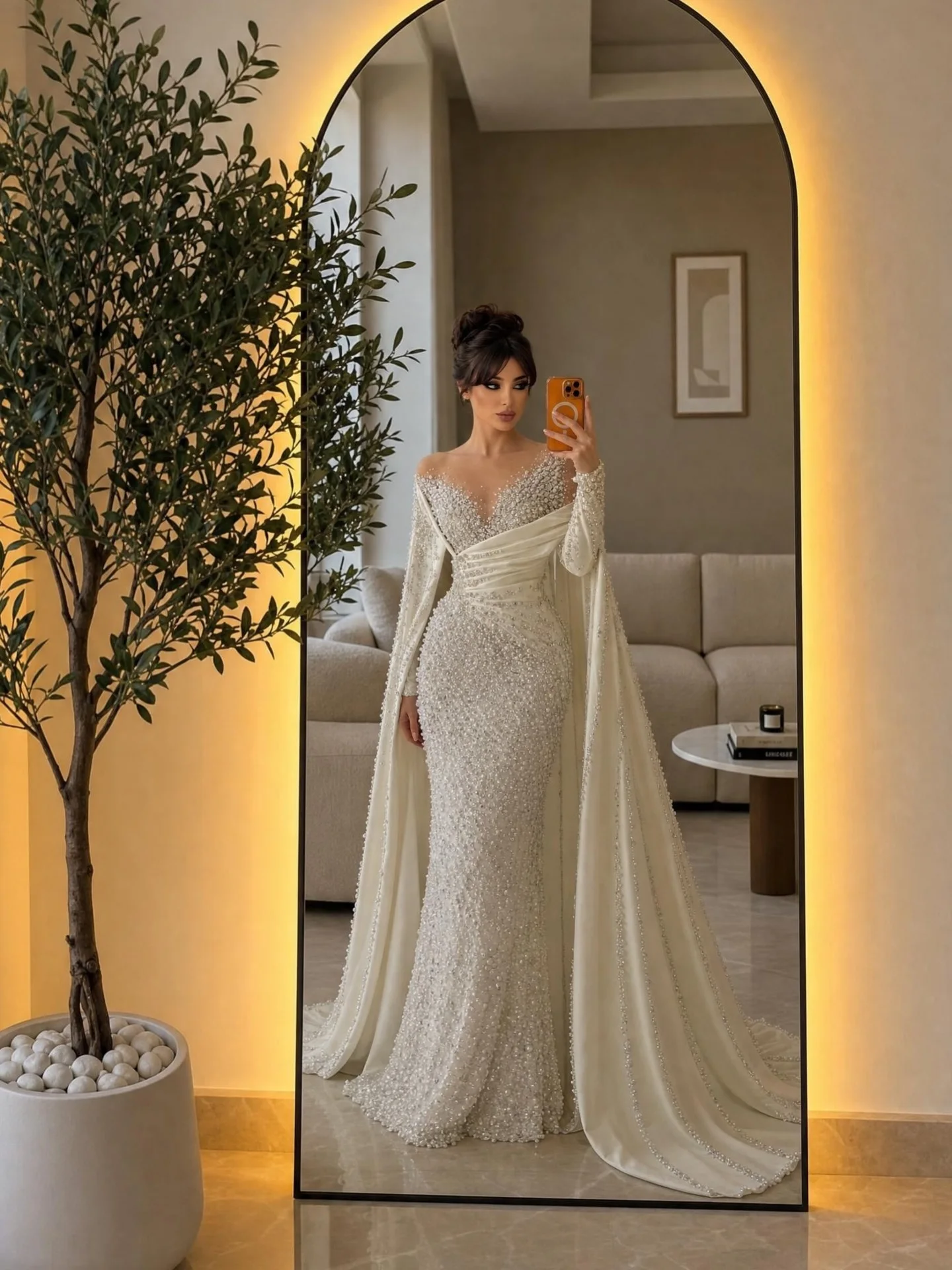 Princess Mermaid Wedding Dress Pearl O Neck Long Sleeve Bride Gowns Gorgeous Satin Pleats Floor Length Bridal Dresses Customized