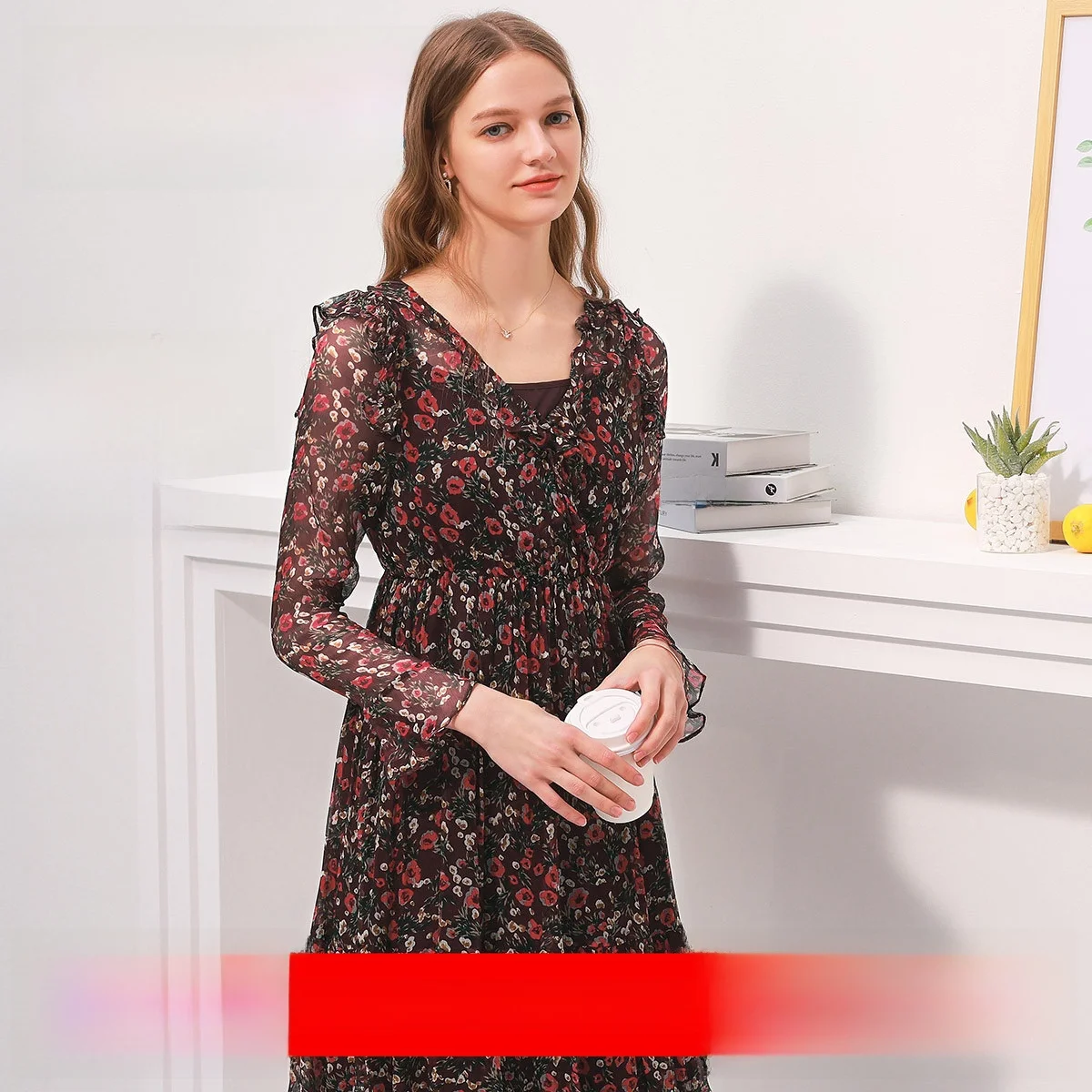 

Cboca 00% Silk Fabric Long Sve Floral Print Dr Sweet Countryside Sle V-ne High Waist A-line Midi Dr