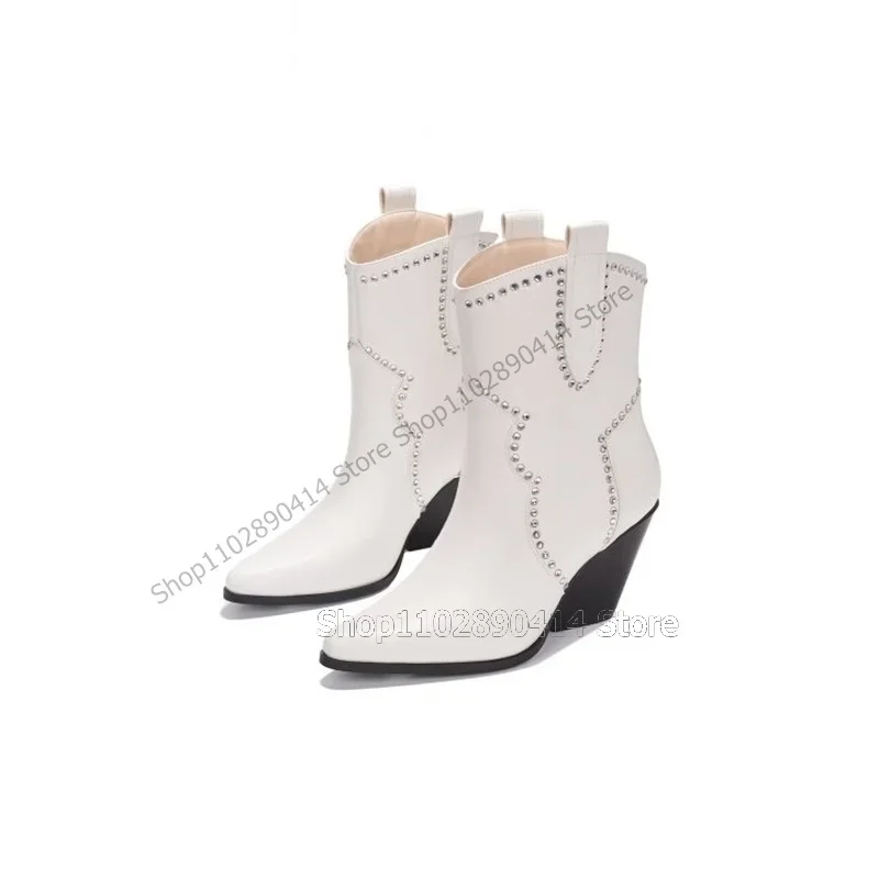 

White Black Crystal Decor Mid Calf Pointed Toe Boots Slip On Women Shoes Chunky Heels Fashion Banquet 2025 Zapatos Para Mujere