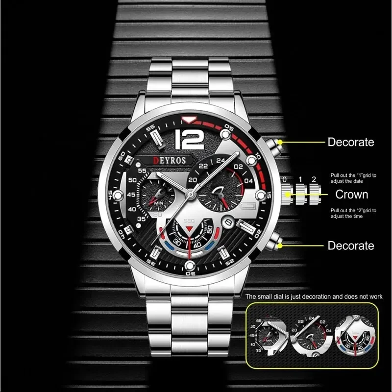 2pcs Luxury Mens Silver Quartz Watch With Stainless Steel Bracelet Men Fashion Business Casual Watch Luminous Clock