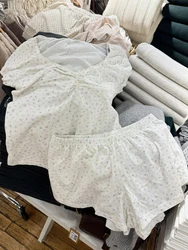 Floral Sweet T-shirt Shorts Set Woman Summer Lace Trim Flods V-neck Tees+Straight Sweatshorts Cotton Home Cute 2 Piece Sets New