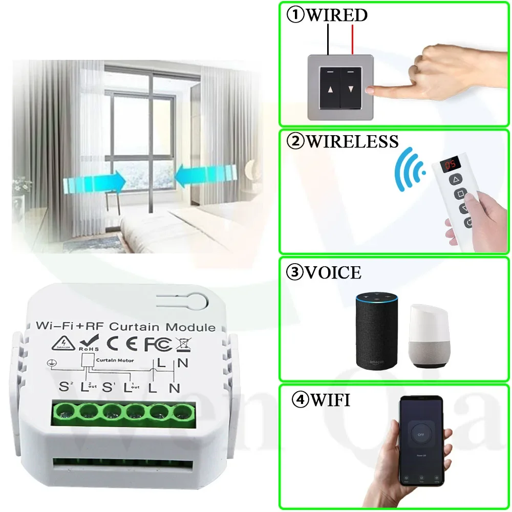 Smart WiFi RF Curtain Switch Module Wireless 433MHz 5 in 1 Remote Controller,110V 220V 240V for Roller Shutter Garage Tuya Alexa