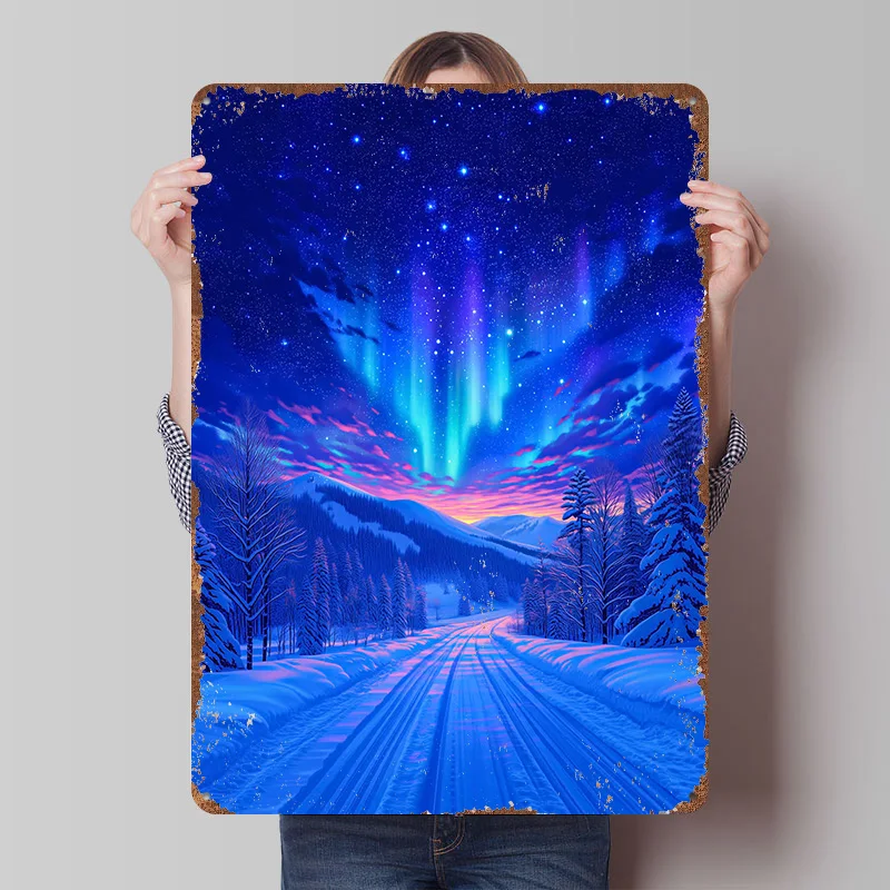 

Постер «Северное сияние над заснеженным пейзажем», винтажные металлические таблички на заказ, настенное искусство, ретро-пластиковая табличка для декора игровой комнаты