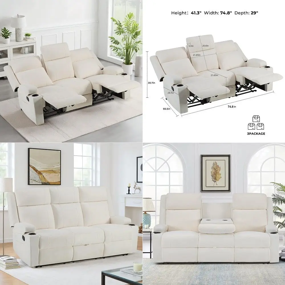 

Large Manual Reclining Sofa 3Seater Chenille Reclining Couch with Cup Holders, Wide Seat, Easy Assembly amp SpillResistant Fabr