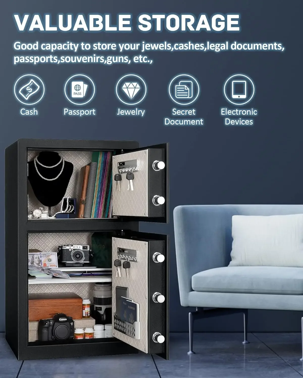 Double Door Security Safe Box,6.1 Cubic Feet Home Safe Lock Box with Big Fireproof Waterproof Safe