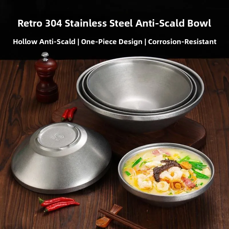 Tazón Retro de Acero Inoxidable Estilo Coreano para Fideos Fríos, Ensaladas, Sopa, Arroz Salteado, Fideos Instantáneos, Tazón Grande Tipo Paraguas