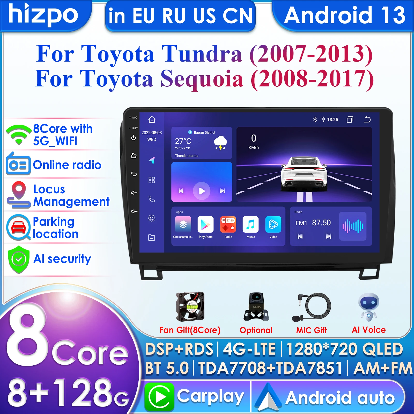 2Din Android Autoradio GPS for Toyota Tundra XK50 2007-2013 Sequoia XK60 2008-2017 Car Radio Multimedia Video Player Navi Stereo