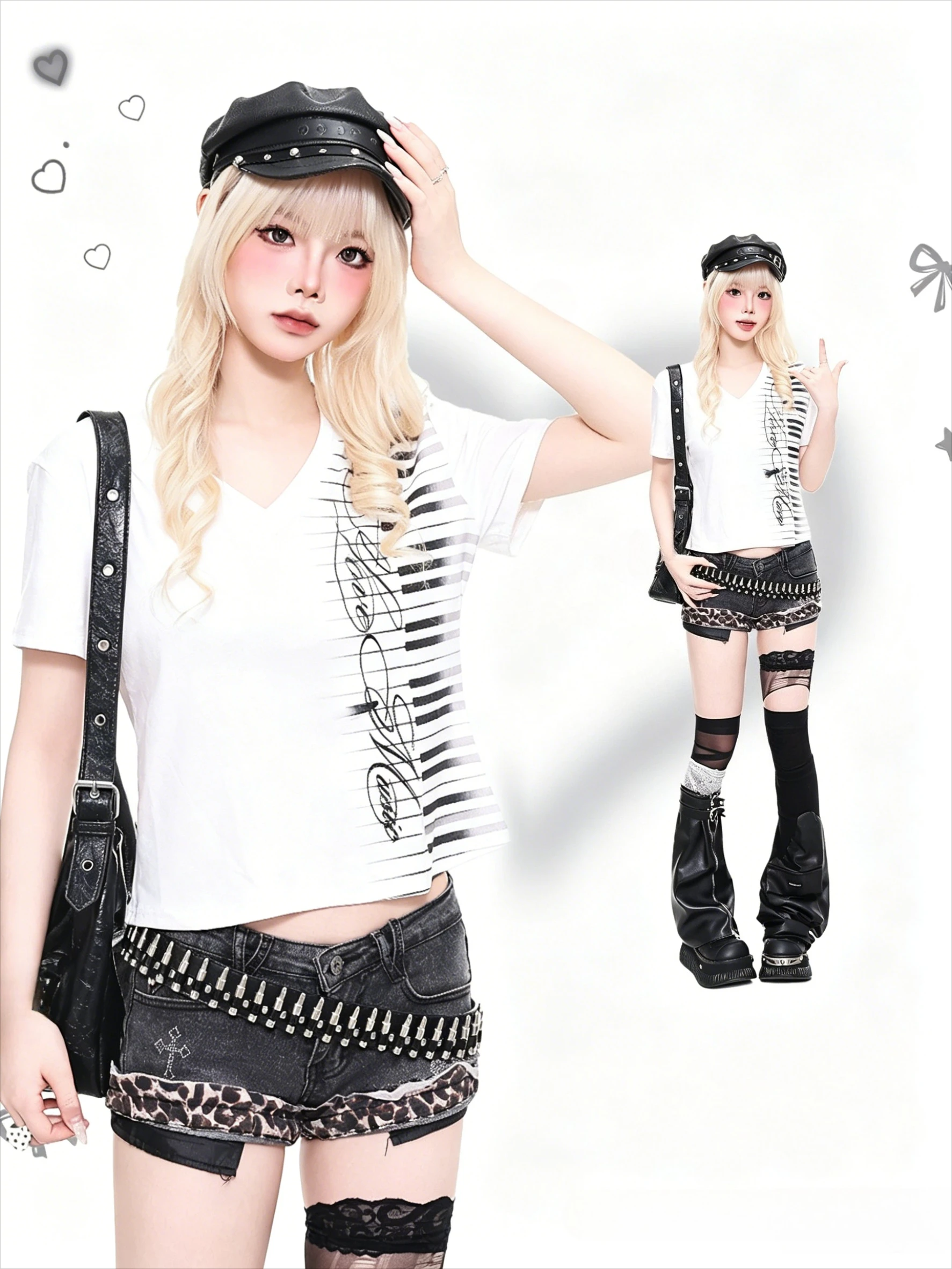 Piano Key Print Y2k T-shirt Harajuku Japanese Vintage Tops Short Sleeve V-neck Tee American Retro Female Subcultre New Clothing