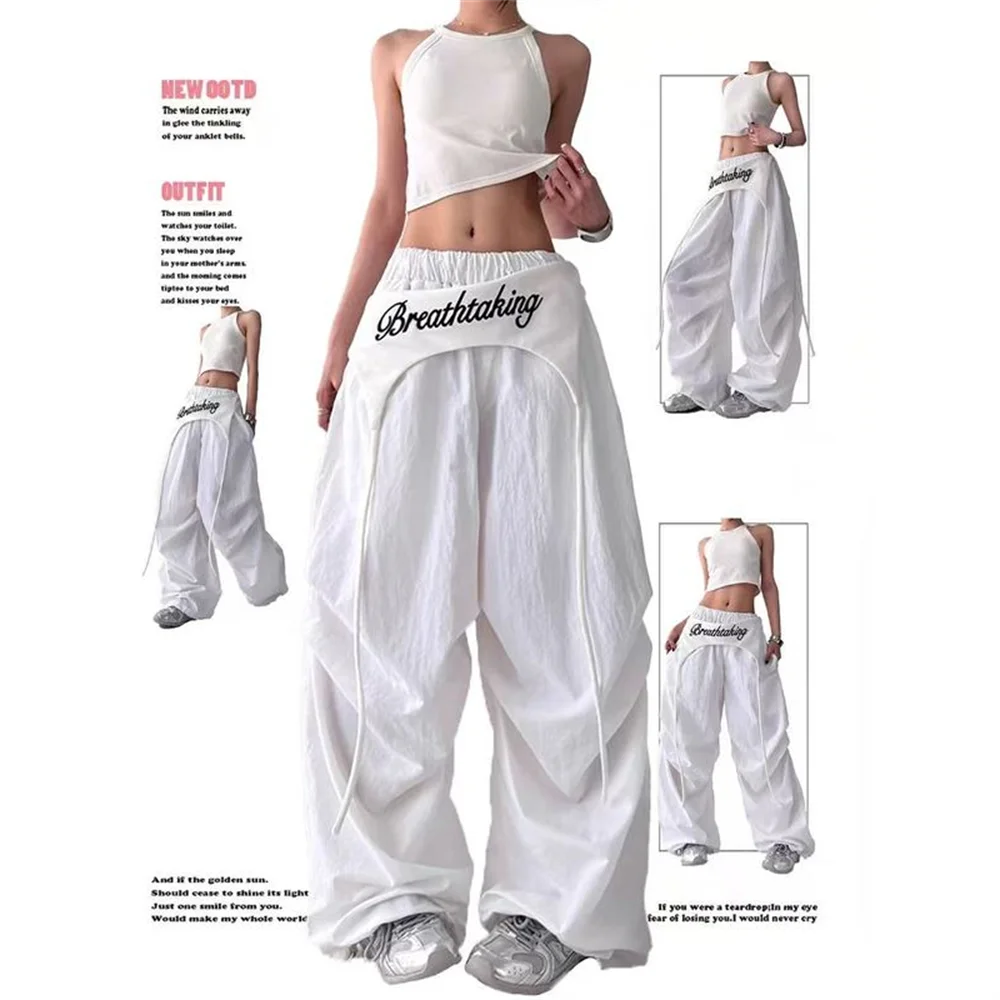 Women Red Y2K Wide Leg Cargo Pants Embroidered Biker Shorts Style Drawstring Baggy Pants Streetwear Hip Hop Dance Trousers