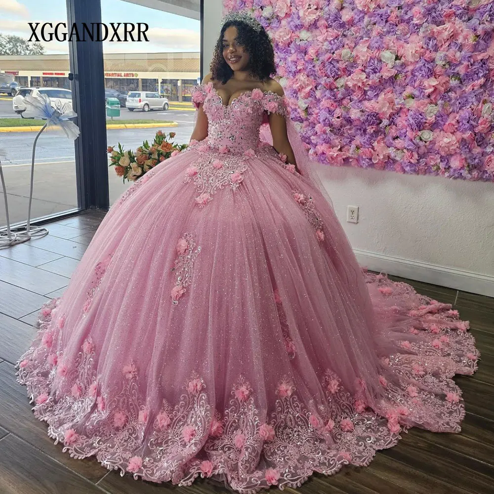 

Flower Pink Quinceanera Dresses 2024 Ball Gown Prom Dress Sweet 15 16 Birthday Party Vestidos 15 anos Princess Miss Formal Wear