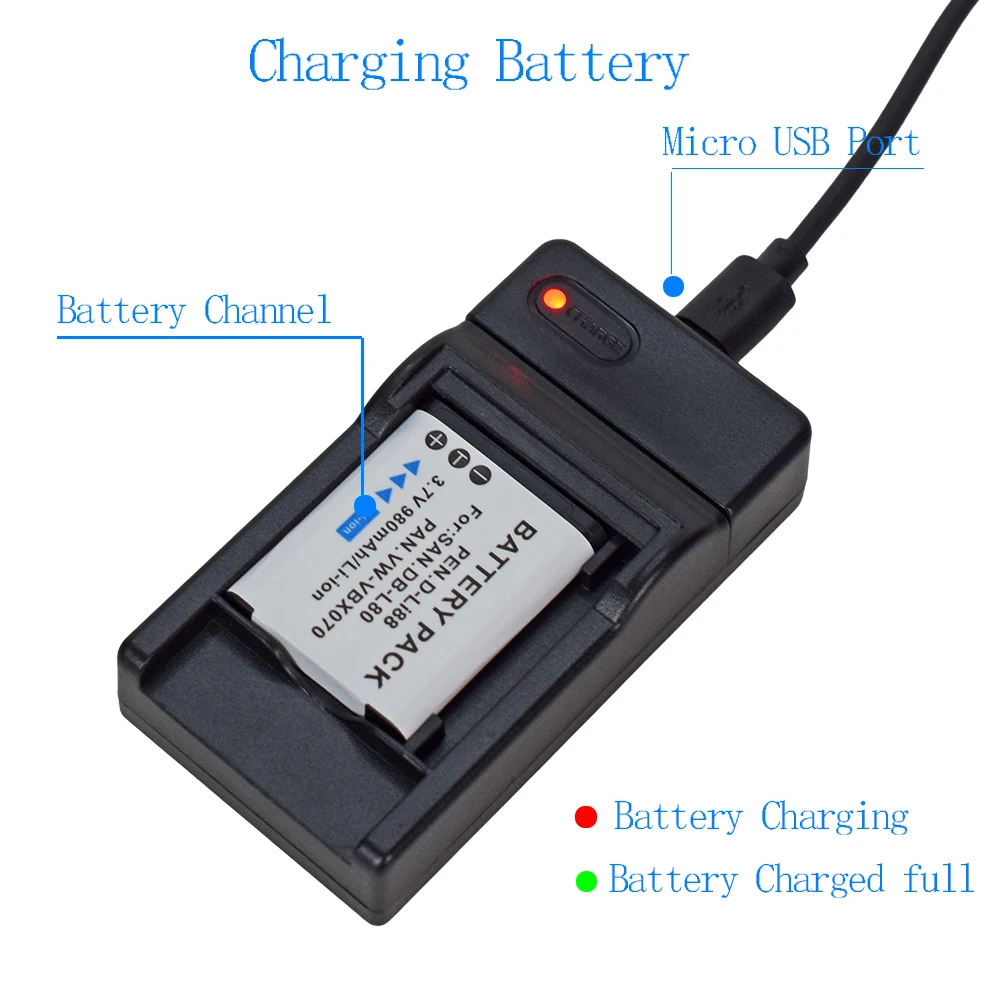 بطارية D-LI88 DB-L80 L80A D LI88 DBL80 DLi88 + شاحن نحيف لكاميرا الفيديو Sanyo Xacti VPC-CG10، VPC-CG20، VPC-CG21، VPC-CG100