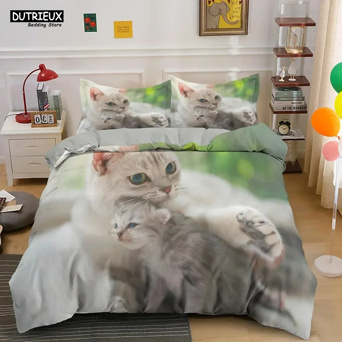 Cute Baby Cat White Black Kitten Bedding Set 3D Printed Suitable for Bedroom Duvet Cover Set With Pillowcases Kids Home Textile