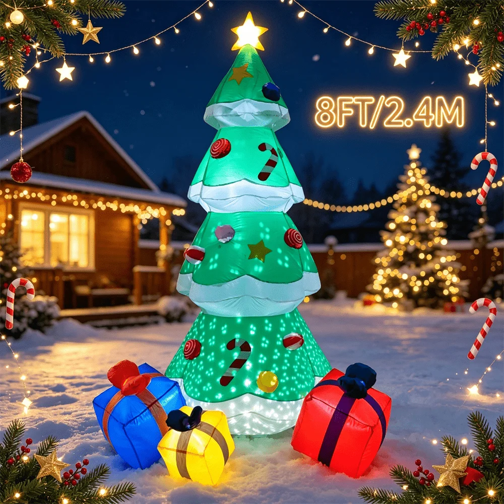 Christmas Inflatable Mocel 8FT Xmas Tree with LED Lights Outdoor Yard Garden Decorations for Holiday Xmas Party Garland Decor