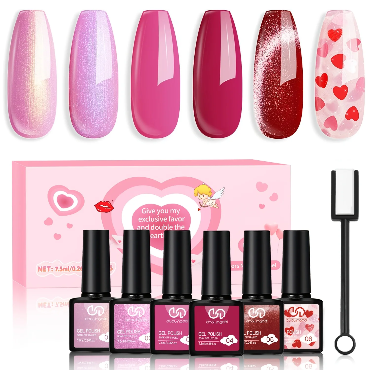

Набор гель-лаков из 6 цветов с магнитом и эффектом кошачьего глаза - пастельный ярко-розовый, красный с блестками в форме сердечек, белый френч, желеобразный.