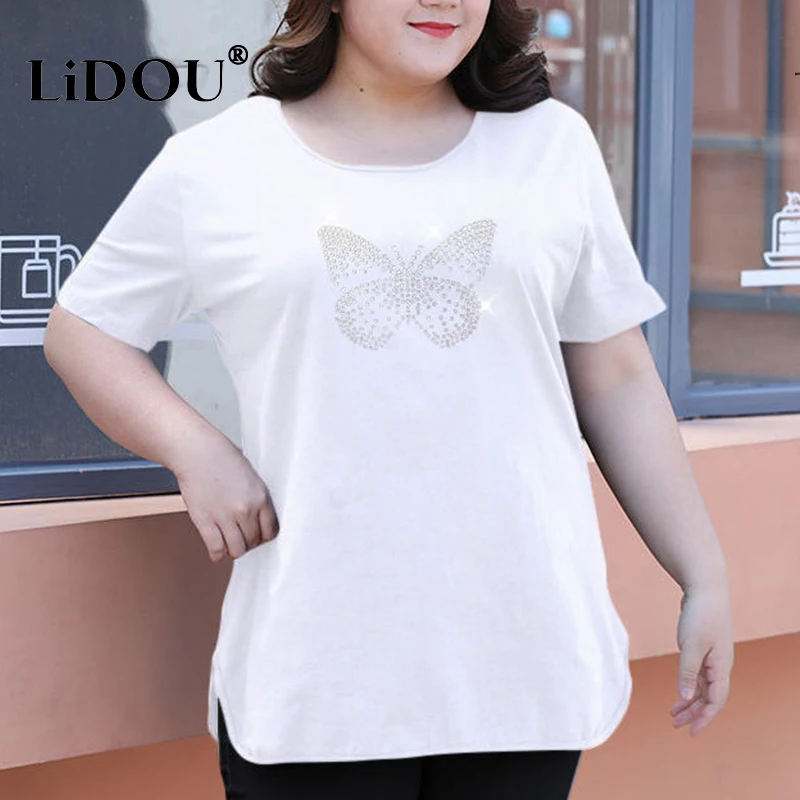 Summer Autumn Fashion Diamon Trend Korean T-Shirt Female Simple Plus Size Solid Oversized Top Women Loose Casual Lady Pullover