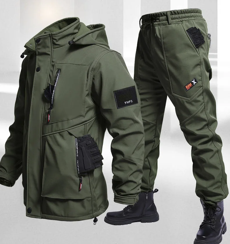 Herbst Und Winter Einfarbig Mit Kapuze Und Samt Assault Set Outdoor Arbeits Schutz Anzug Casual Bergsteigen Arbeit Anzug
