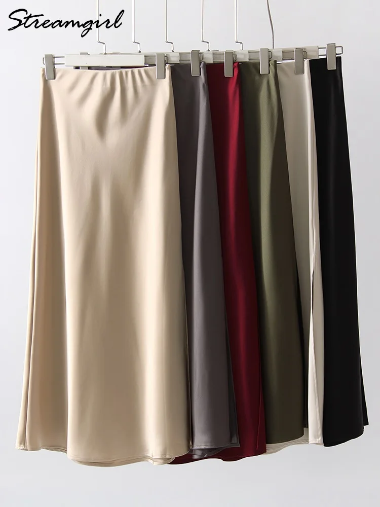 Black Slit Satin Silk Skirt Women Maxi Spring Summer 2025 Elegant A Line Slit Skirt Satin Ladies Office Long Skirts For Women
