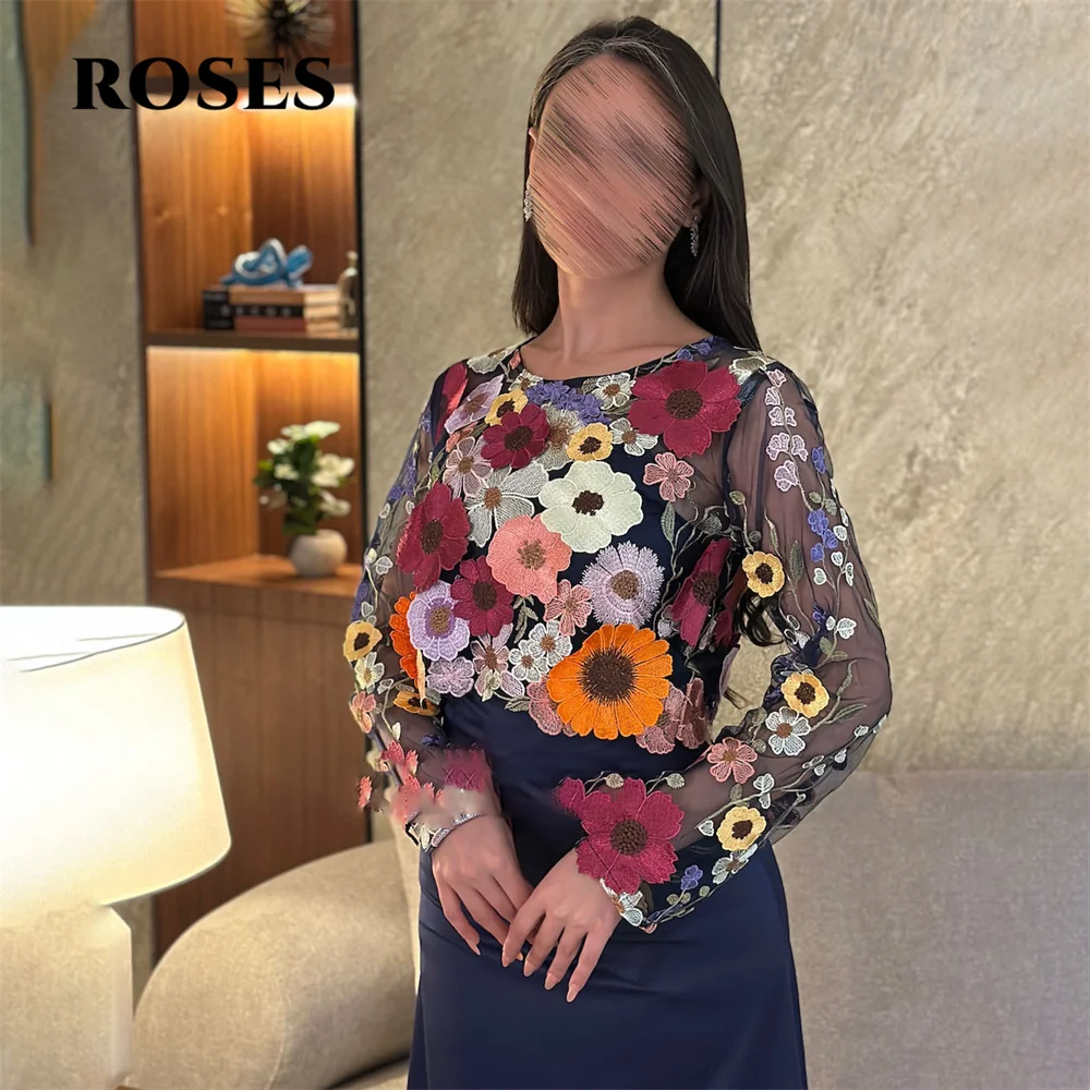 ROSES Schwarzes Saudi-Arabien-Abschlussballkleid, Partykleid mit Applikationen, vollen Ärmeln, Satin, A-Linie, Abendkleider für Damen, individuell