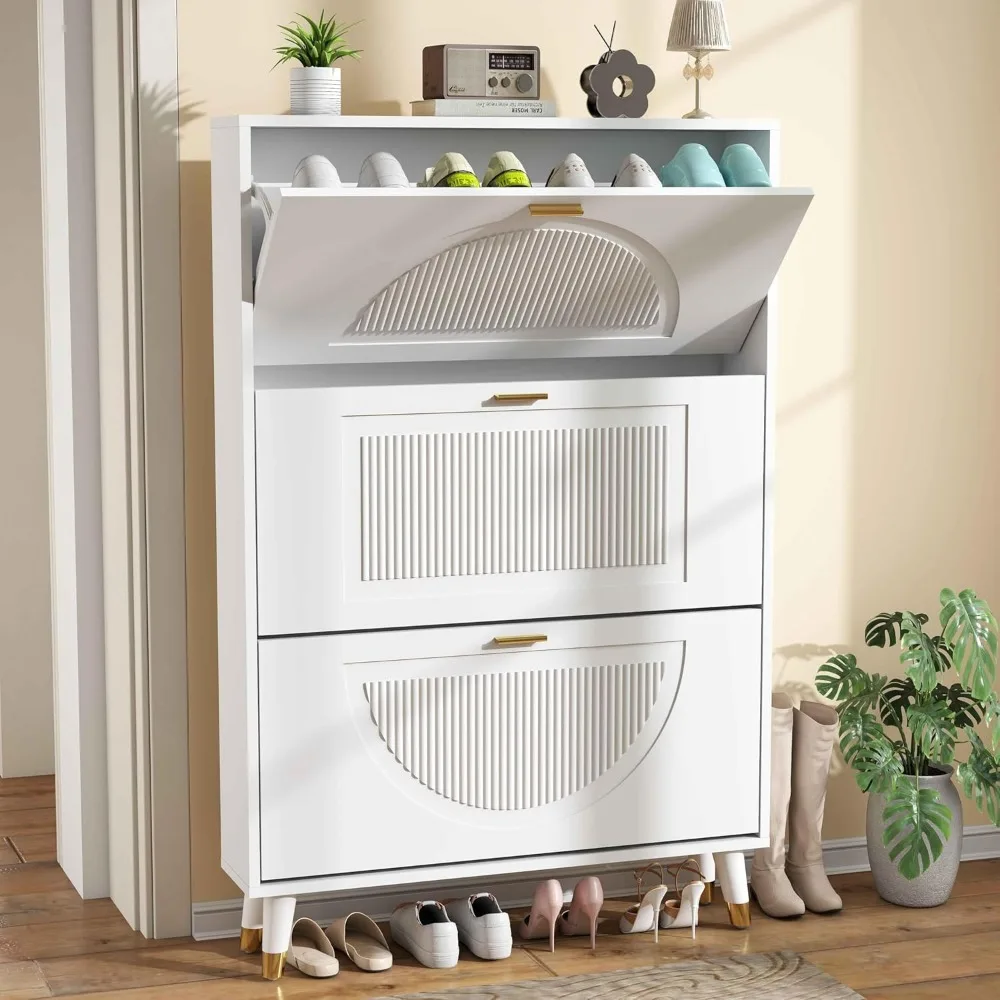 

Narrow Shoe Cabinet Storage for Entryway: Cabinet Shoe Rack Organizer, White Shoes Cabinets with 3 Flip Drawers, Modern Shoes St