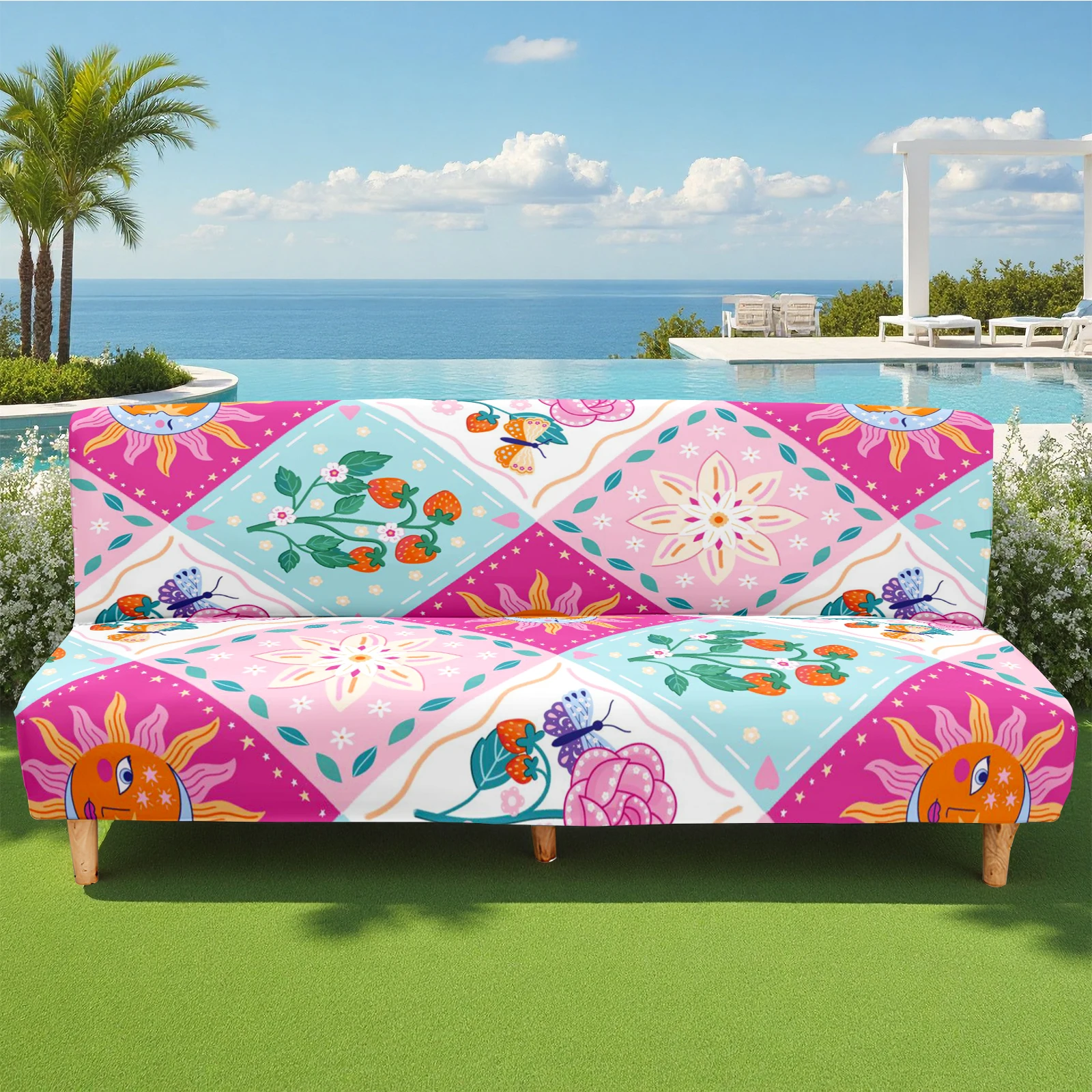 Bohemian Floral Print Summer Outdoor Sofa Bed Cover, Milk Silk Elastic Slipcover, Pet - Friendly, Washable