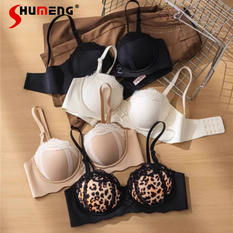 

Pure Desire Sexy Half Cup Bra Set for Women Small Chest Push Up Intimates Female Wireless Leopard Print Lace Brief Suits