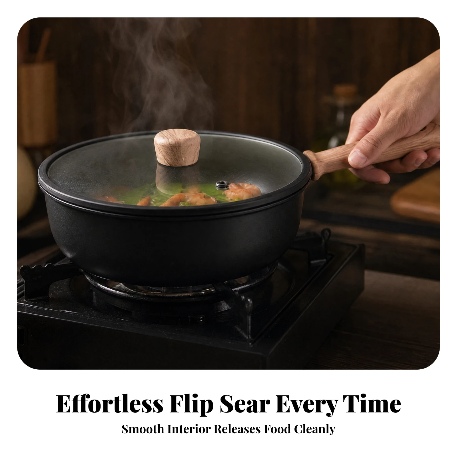 Deep Skillet Multi-Purpose Deep-Body Wok with Wood-Grain Handle Cookware for Home Cooks, Stovetop Cooking, Simmering