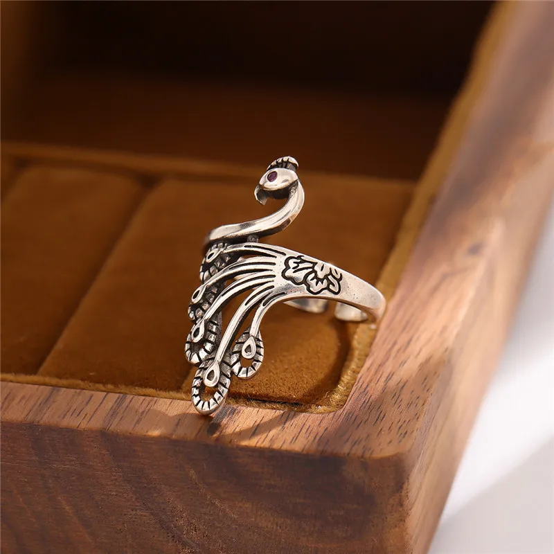 Pure 925 Sterling Silver Cute Peacock Animal Adjustable Rings For Women Party Gift Thai Silver Fine Jewelry Anti-Allergy LR097