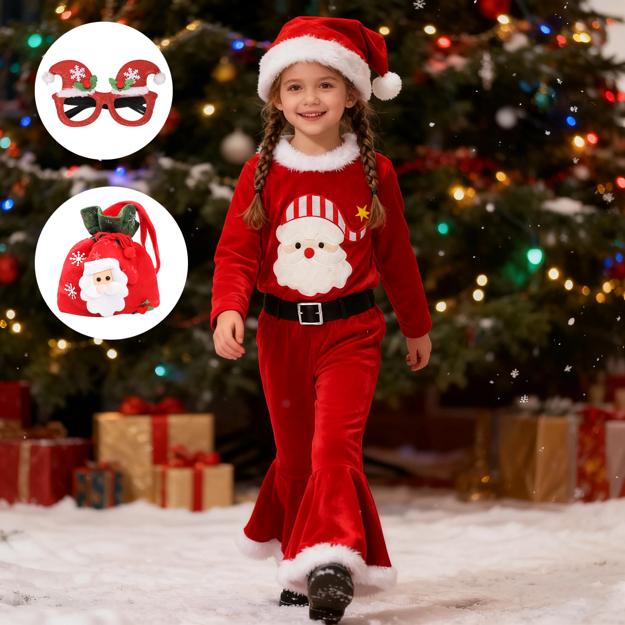 Kids New Year Christmas Costume Girls Red Long Sleeve Santa Claus Suit Bell Bottom Set With Hat Children Xmas Party Clothing Set