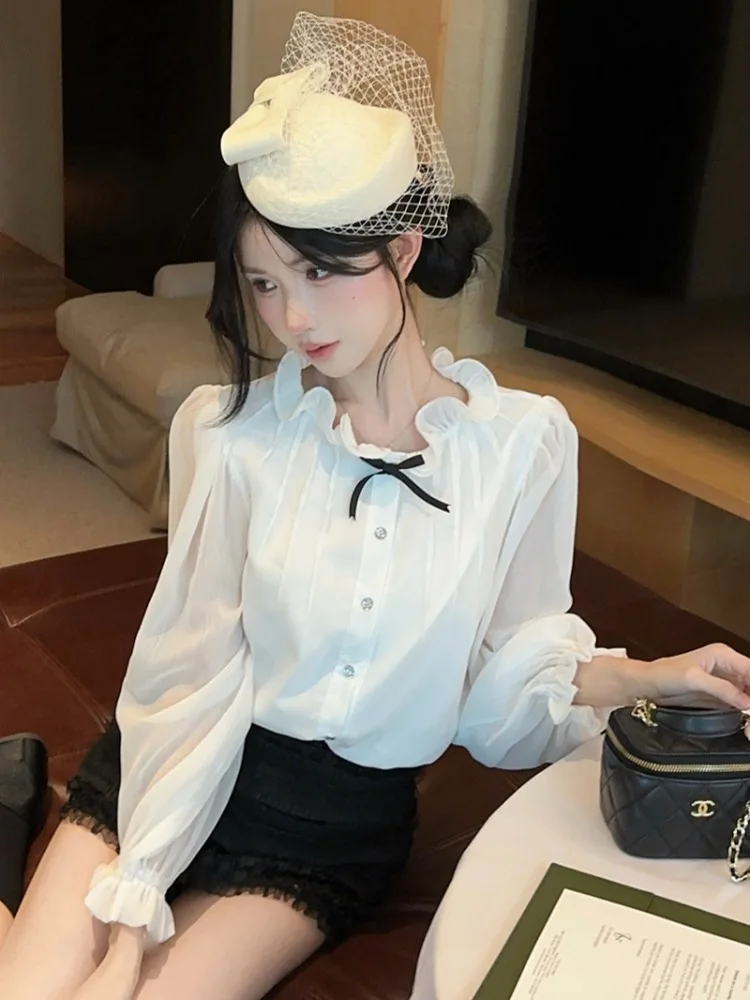 

Chic Knot Wooden Ear Lantern Sleeve Single Button Women's Shirt Autumn New Style Versatile Top French Style Standar...